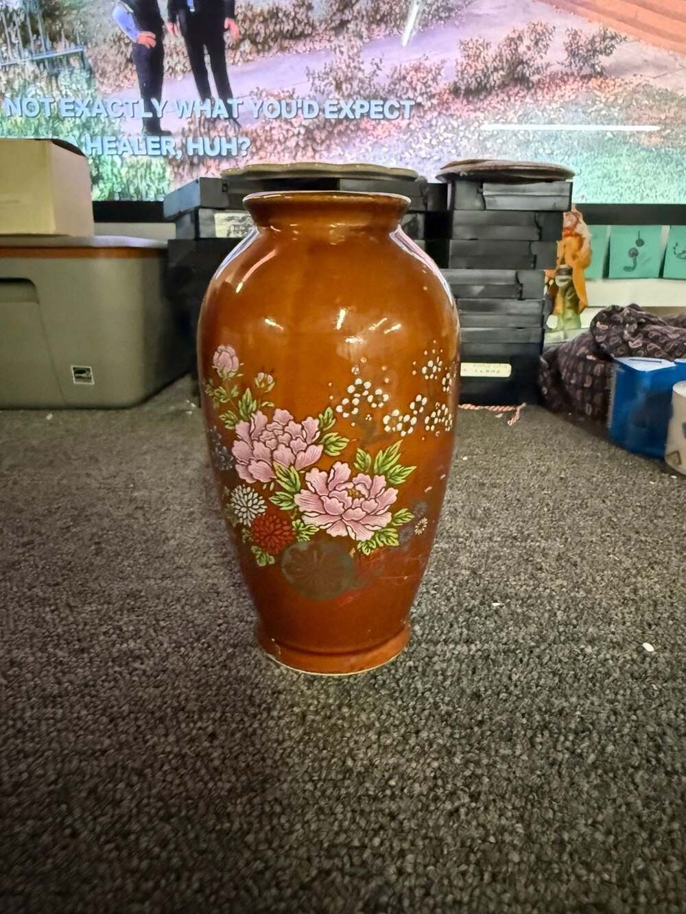 Vintage Japanese Ceramic Floral Vase Brown Glaze